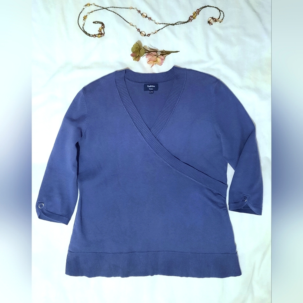 REITMANS Petites XL Periwinkle Blue V-Neck Faux Wrap Sweater